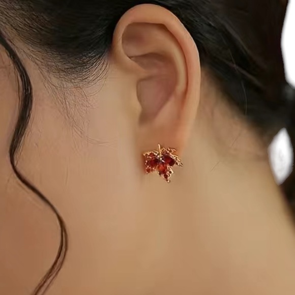 24K Gold Plated Maple Leaf Design Stud Earrings with Red Zircon Accents - Picture 4 of 8